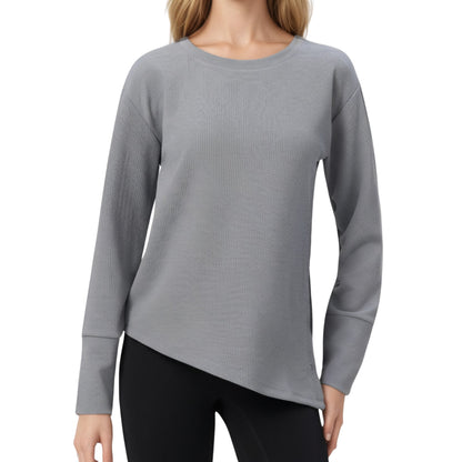Anna-Kaci Active Women's Long Sleeve Asymmetrical Hem Pullover Top with Crew Neck and Relaxed Fit