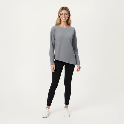 Anna-Kaci Active Women's Long Sleeve Asymmetrical Hem Pullover Top with Crew Neck and Relaxed Fit