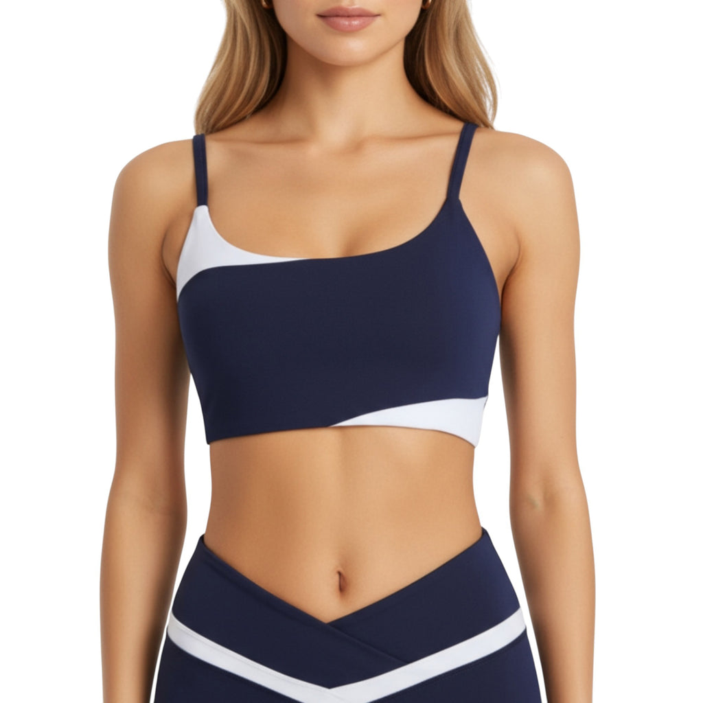 Anna-Kaci Active Women's Asymmetrical Neck Colorblock Sports Bra with Strap Design and Stretch Fit Fabric