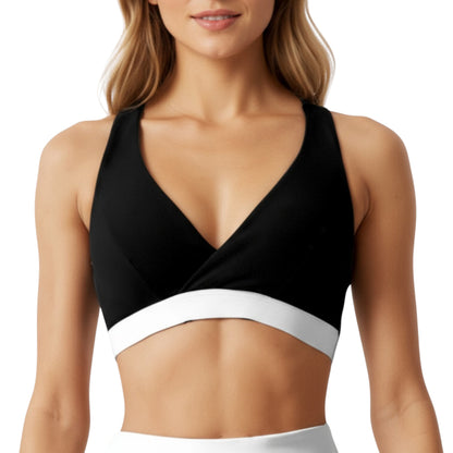 Anna-Kaci Active Women's V-Neck Cross Front Colorblock Sports Bra with Wide Straps and Supportive Elastic Band