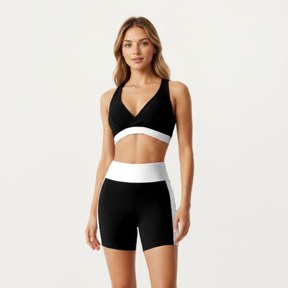Anna-Kaci Active Women's V-Neck Cross Front Colorblock Sports Bra with Wide Straps and Supportive Elastic Band