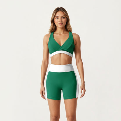 Anna-Kaci Active Women's V-Neck Cross Front Colorblock Sports Bra with Wide Straps and Supportive Elastic Band
