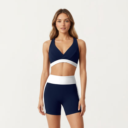 Anna-Kaci Active Women's V-Neck Cross Front Colorblock Sports Bra with Wide Straps and Supportive Elastic Band