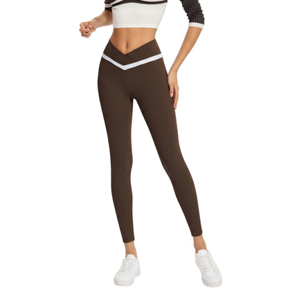 Anna-Kaci Active Women's Crossover Waist Colorblock Full Length Leggings with Stretch Fit Fabric and Contoured Silhouette