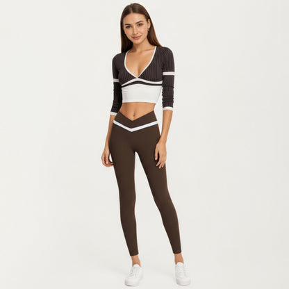 Anna-Kaci Active Women's Crossover Waist Colorblock Full Length Leggings with Stretch Fit Fabric and Contoured Silhouette