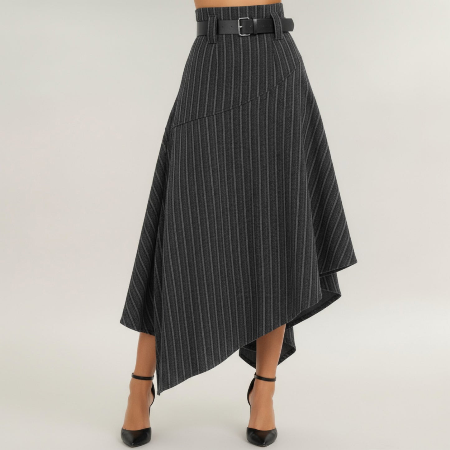 Anna-Kaci Women's Asymmetrical Pinstripe Midi Skirt with High Waist and Tailored Draping