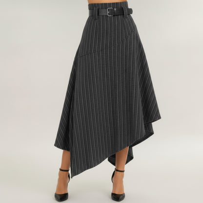 Anna-Kaci Women's Asymmetrical Pinstripe Midi Skirt with High Waist and Tailored Draping