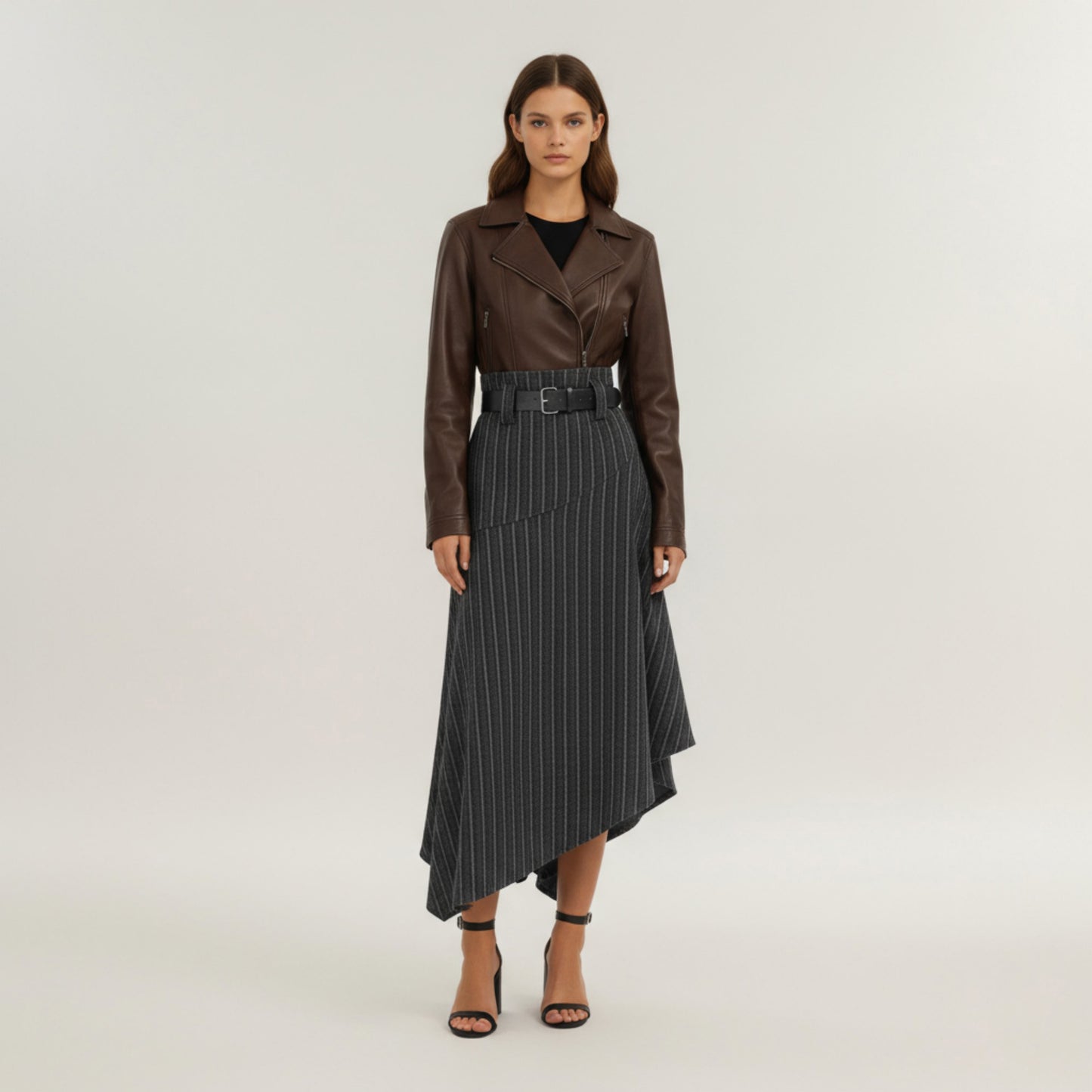 Anna-Kaci Women's Asymmetrical Pinstripe Midi Skirt with High Waist and Tailored Draping