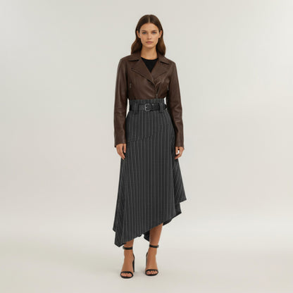 Anna-Kaci Women's Asymmetrical Pinstripe Midi Skirt with High Waist and Tailored Draping