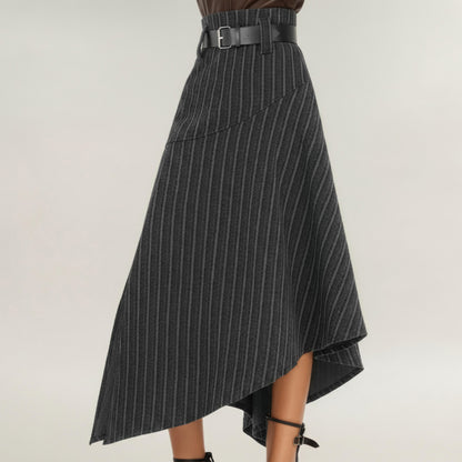 Anna-Kaci Women's Asymmetrical Pinstripe Midi Skirt with High Waist and Tailored Draping