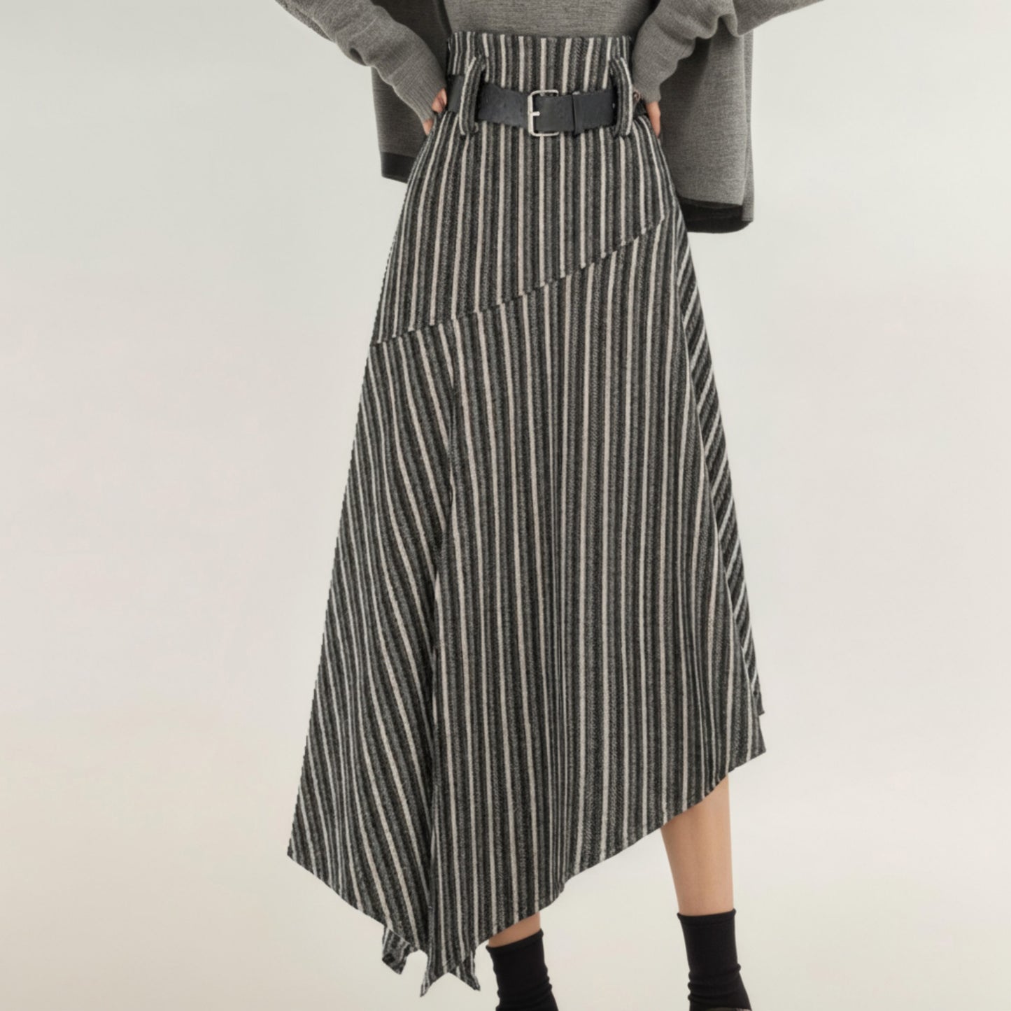 Anna-Kaci Women's Asymmetrical Pinstripe Midi Skirt with High Waist and Tailored Draping