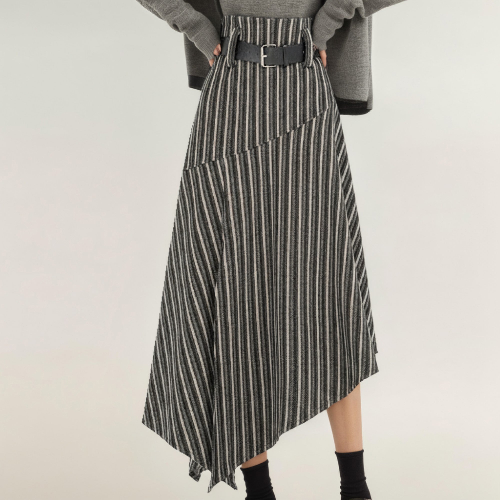 Anna-Kaci Women's Asymmetrical Pinstripe Midi Skirt with High Waist and Tailored Draping