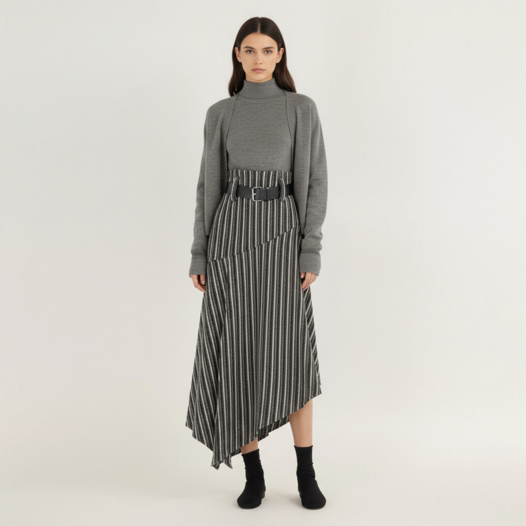 Anna-Kaci Women's Asymmetrical Pinstripe Midi Skirt with High Waist and Tailored Draping