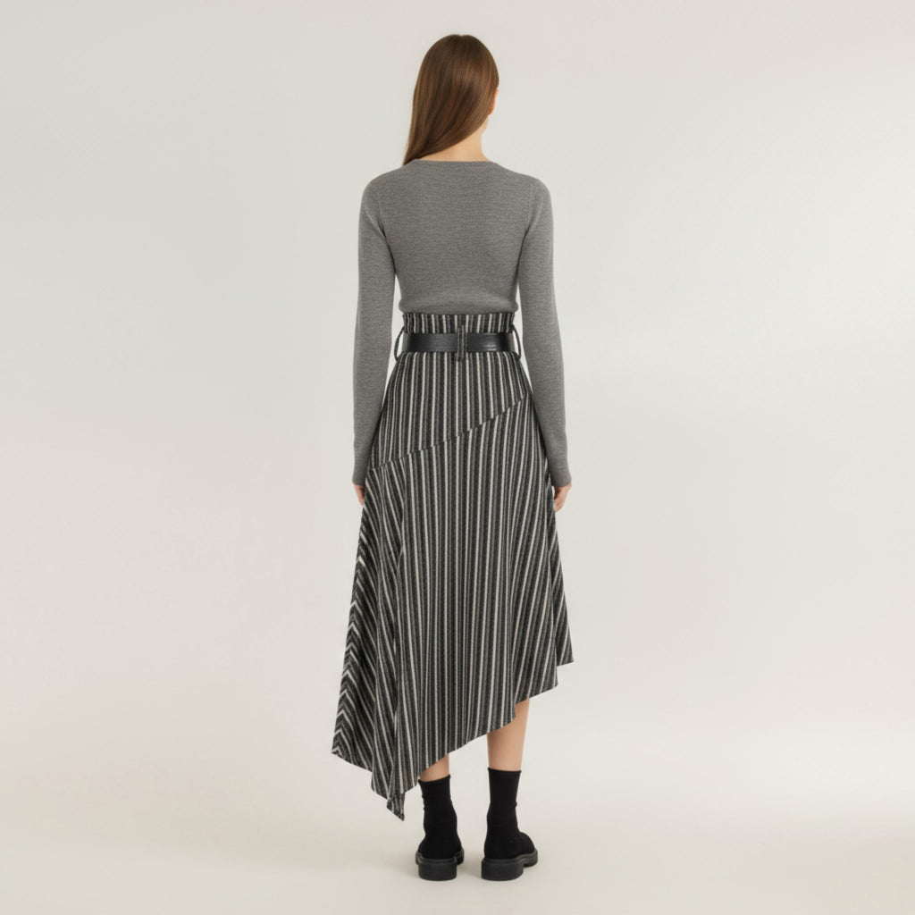 Anna-Kaci Women's Asymmetrical Pinstripe Midi Skirt with High Waist and Tailored Draping