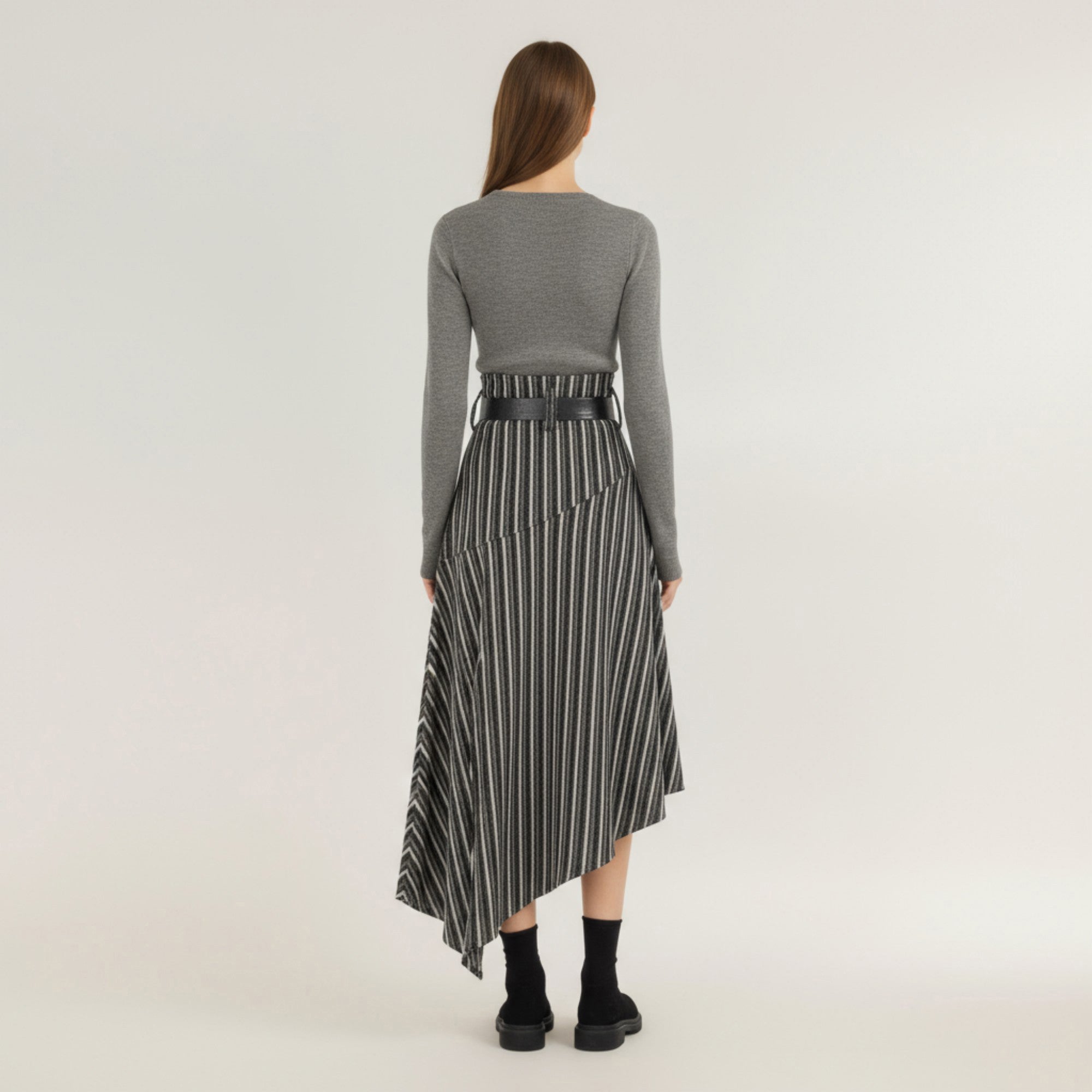 Anna-Kaci Women's Asymmetrical Pinstripe Midi Skirt with High Waist and Tailored Draping