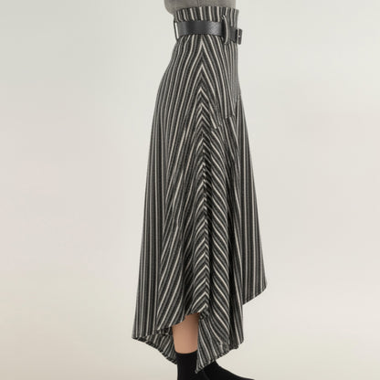 Anna-Kaci Women's Asymmetrical Pinstripe Midi Skirt with High Waist and Tailored Draping