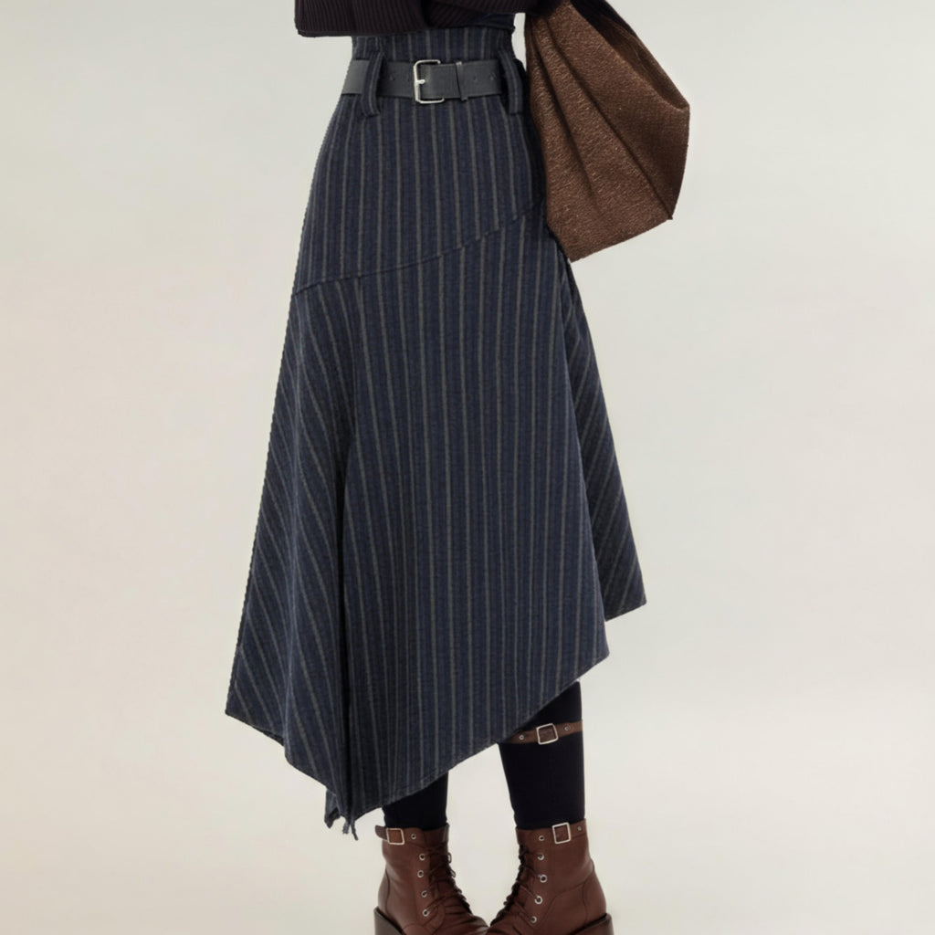 Anna-Kaci Women's Asymmetrical Pinstripe Midi Skirt with High Waist and Tailored Draping