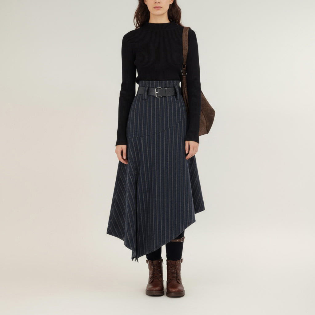 Anna-Kaci Women's Asymmetrical Pinstripe Midi Skirt with High Waist and Tailored Draping