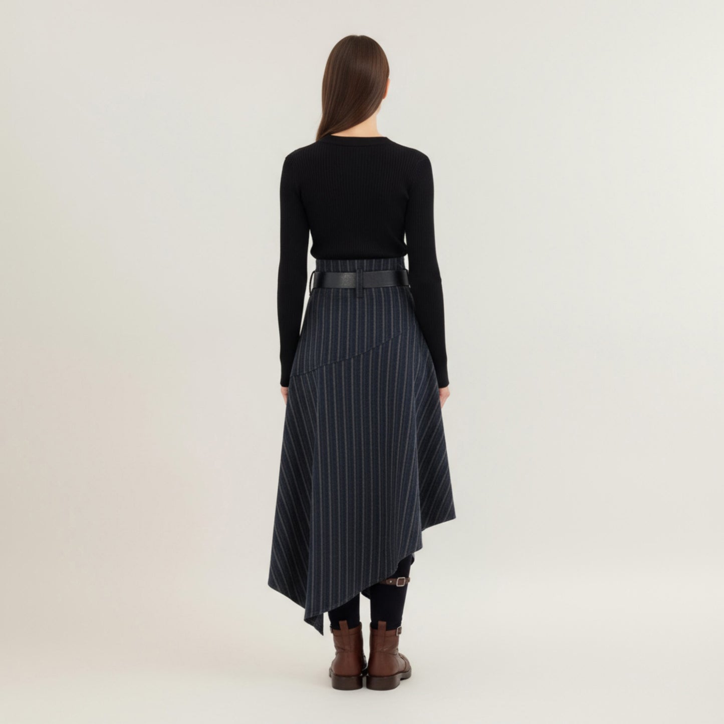 Anna-Kaci Women's Asymmetrical Pinstripe Midi Skirt with High Waist and Tailored Draping