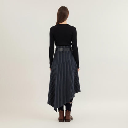 Anna-Kaci Women's Asymmetrical Pinstripe Midi Skirt with High Waist and Tailored Draping