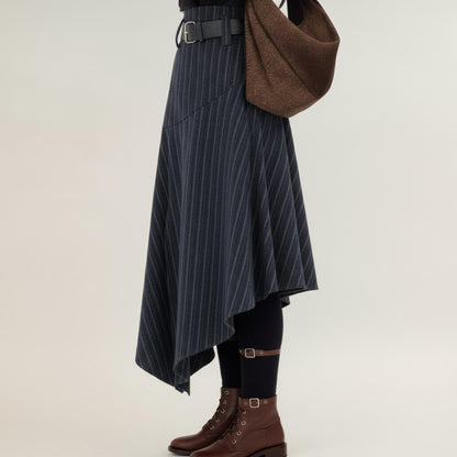 Anna-Kaci Women's Asymmetrical Pinstripe Midi Skirt with High Waist and Tailored Draping