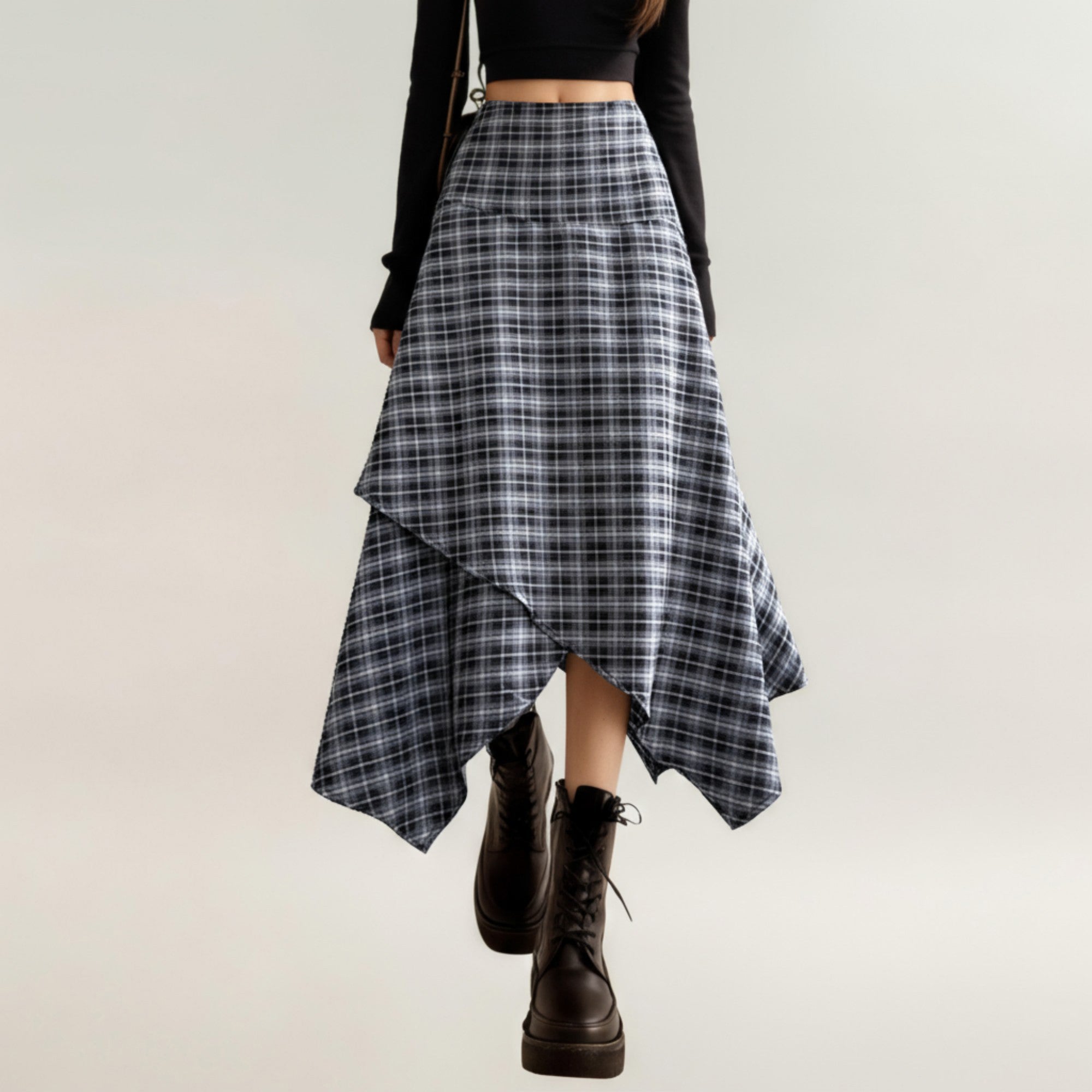 Anna-Kaci Women's Asymmetrical Plaid Midi Skirt with Layered Handkerch