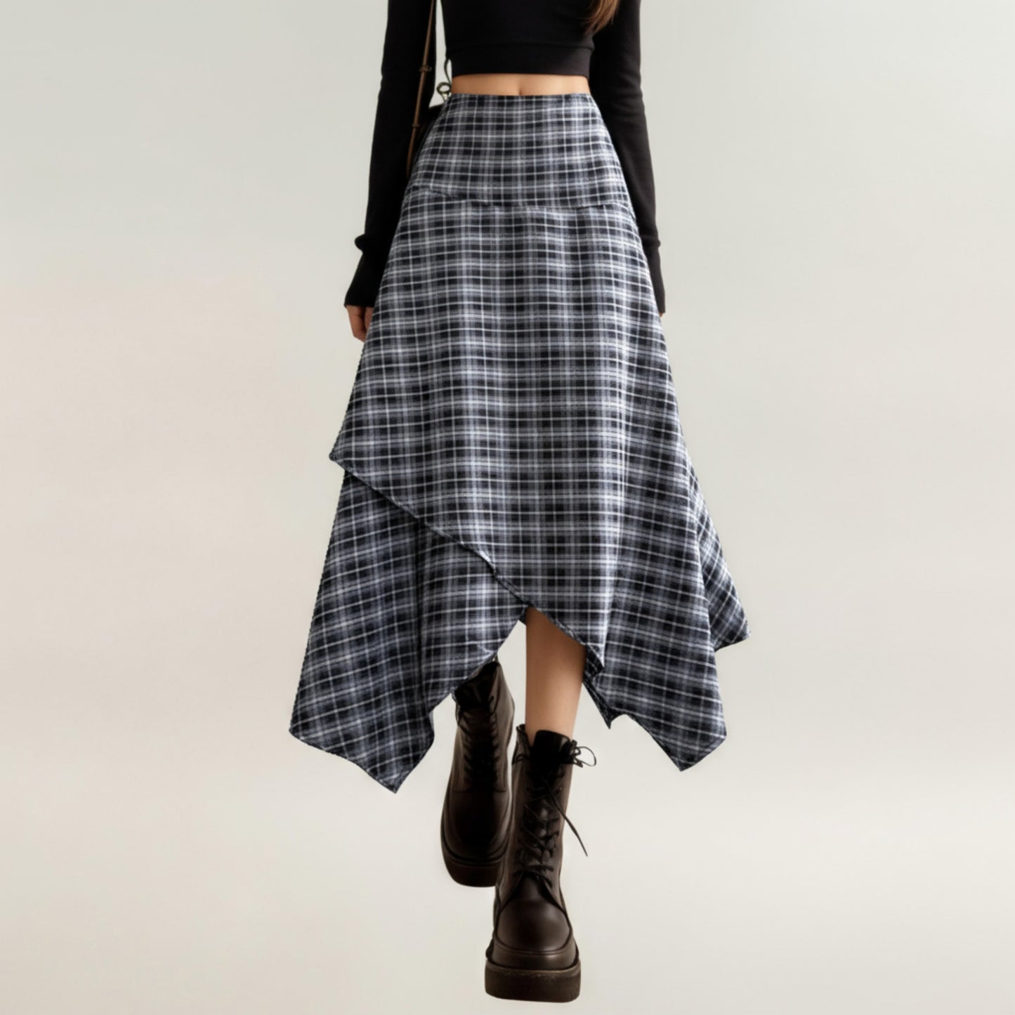 Anna-Kaci Women's Asymmetrical Plaid Midi Skirt with Layered Handkerchief Hem