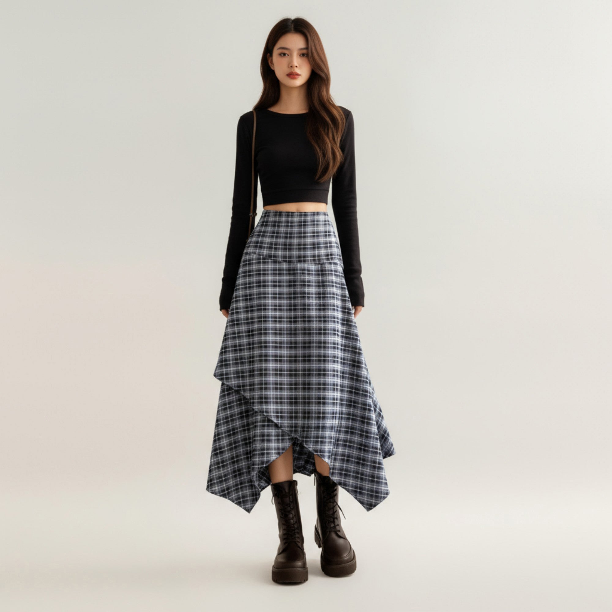 Anna-Kaci Women's Asymmetrical Plaid Midi Skirt with Layered Handkerch