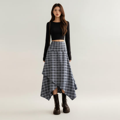 Anna-Kaci Women's Asymmetrical Plaid Midi Skirt with Layered Handkerchief Hem