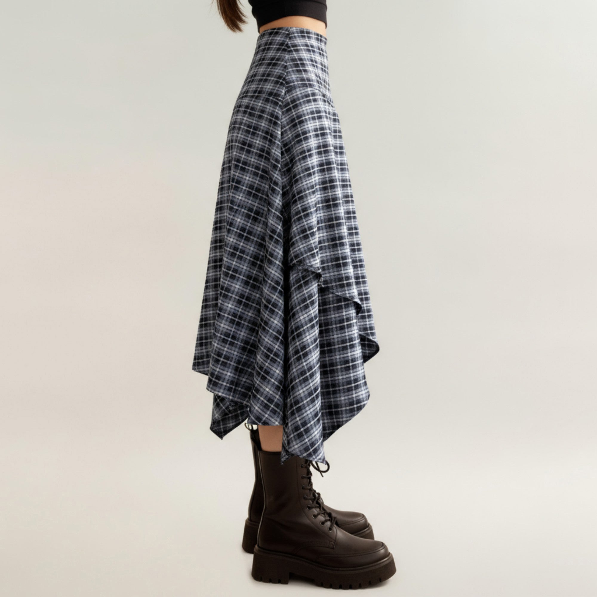 Anna-Kaci Women's Asymmetrical Plaid Midi Skirt with Layered Handkerch