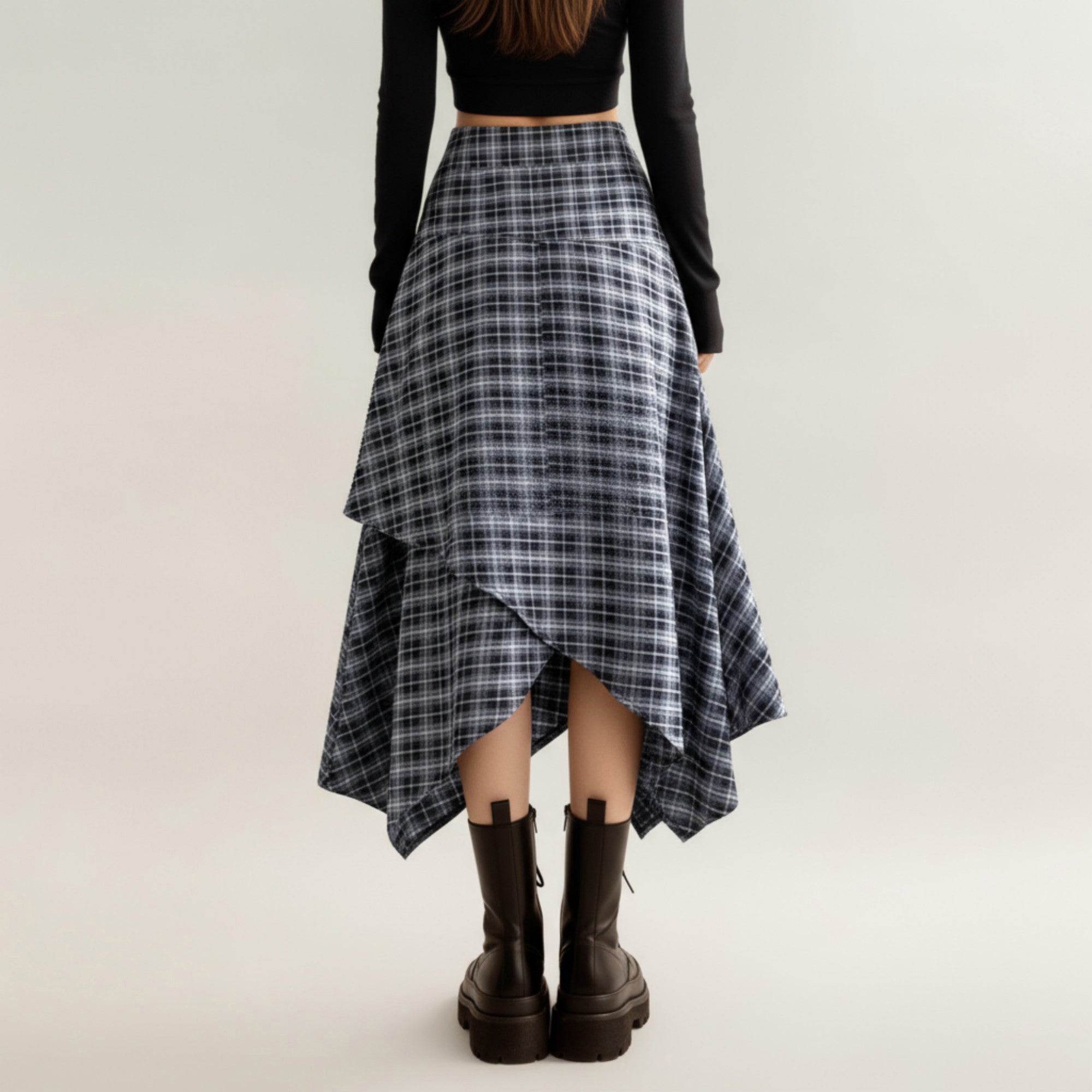 スカート Andmary Anna check skirt Anna-Kaci Women's Asymmetrical Plaid Midi Skirt with Layered Handkerch