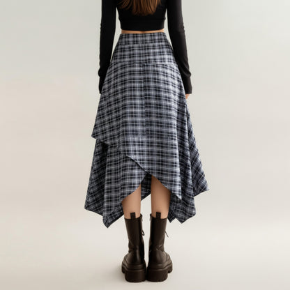 Anna-Kaci Women's Asymmetrical Plaid Midi Skirt with Layered Handkerchief Hem