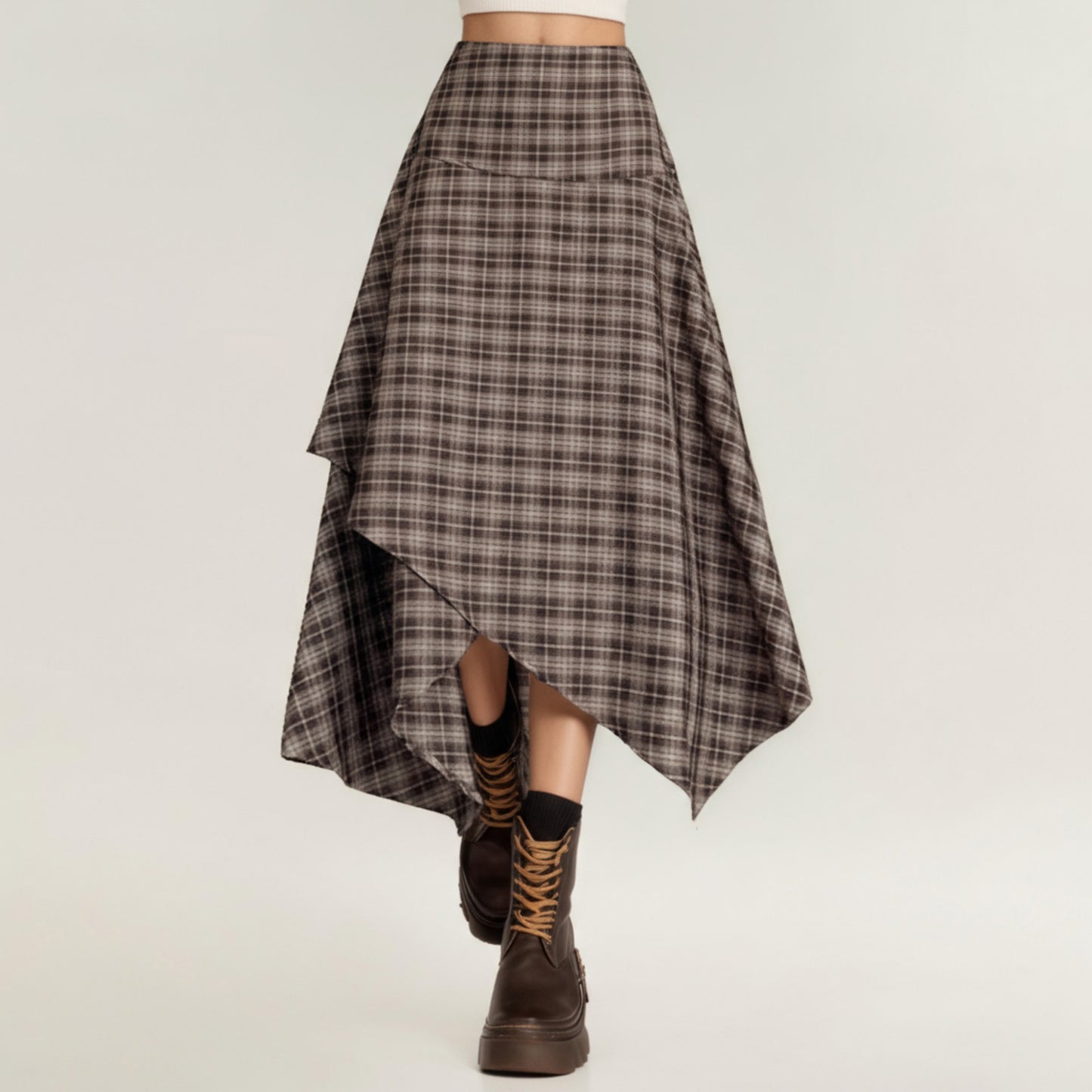 Anna-Kaci Women's Asymmetrical Plaid Midi Skirt with Layered Handkerchief Hem