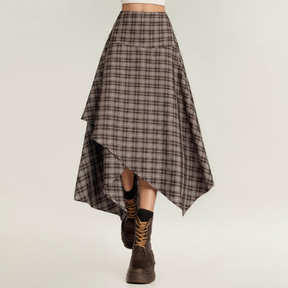 Anna-Kaci Women's Asymmetrical Plaid Midi Skirt with Layered Handkerchief Hem