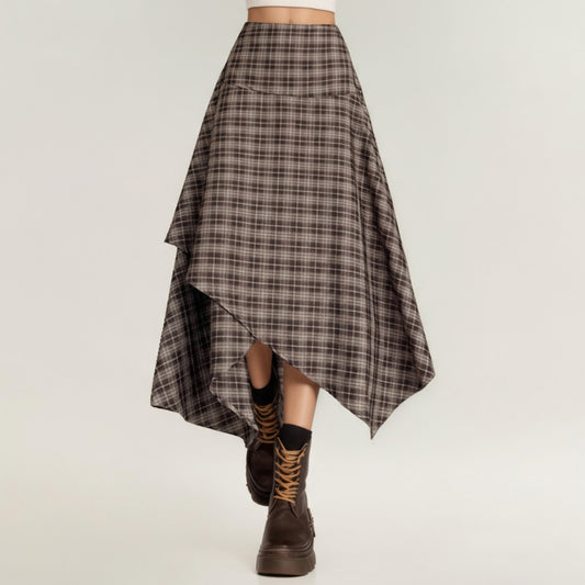 Anna-Kaci Women's Asymmetrical Plaid Midi Skirt with Layered Handkerchief Hem