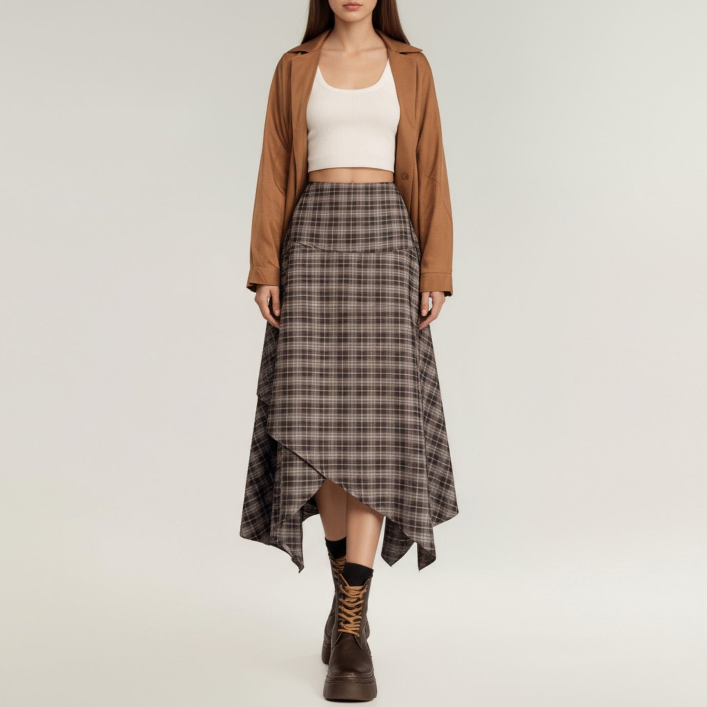 Anna-Kaci Women's Asymmetrical Plaid Midi Skirt with Layered Handkerchief Hem