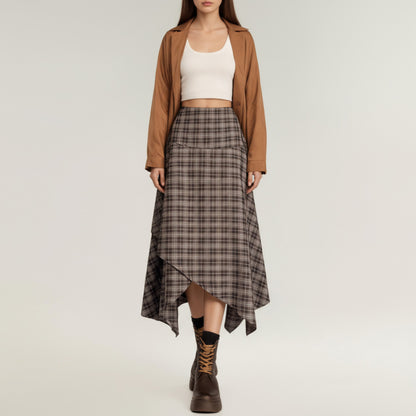 Anna-Kaci Women's Asymmetrical Plaid Midi Skirt with Layered Handkerchief Hem