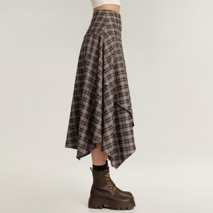 Anna-Kaci Women's Asymmetrical Plaid Midi Skirt with Layered Handkerchief Hem