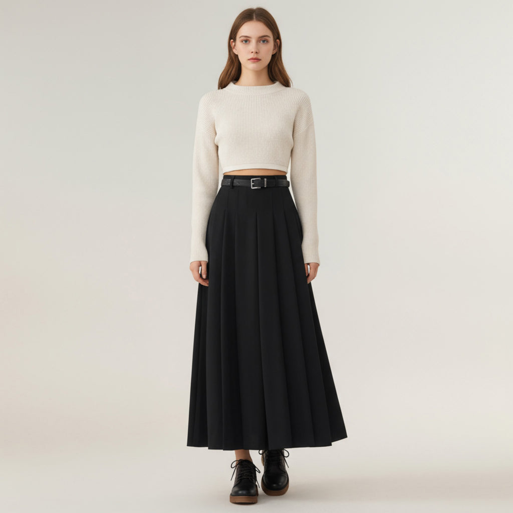 Anna-Kaci Women's High Waist Pleated Maxi Skirt with Structured A-Line Silhouette