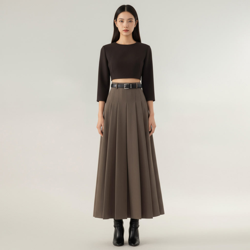 Anna-Kaci Women's High Waist Pleated Maxi Skirt with Structured A-Line Silhouette