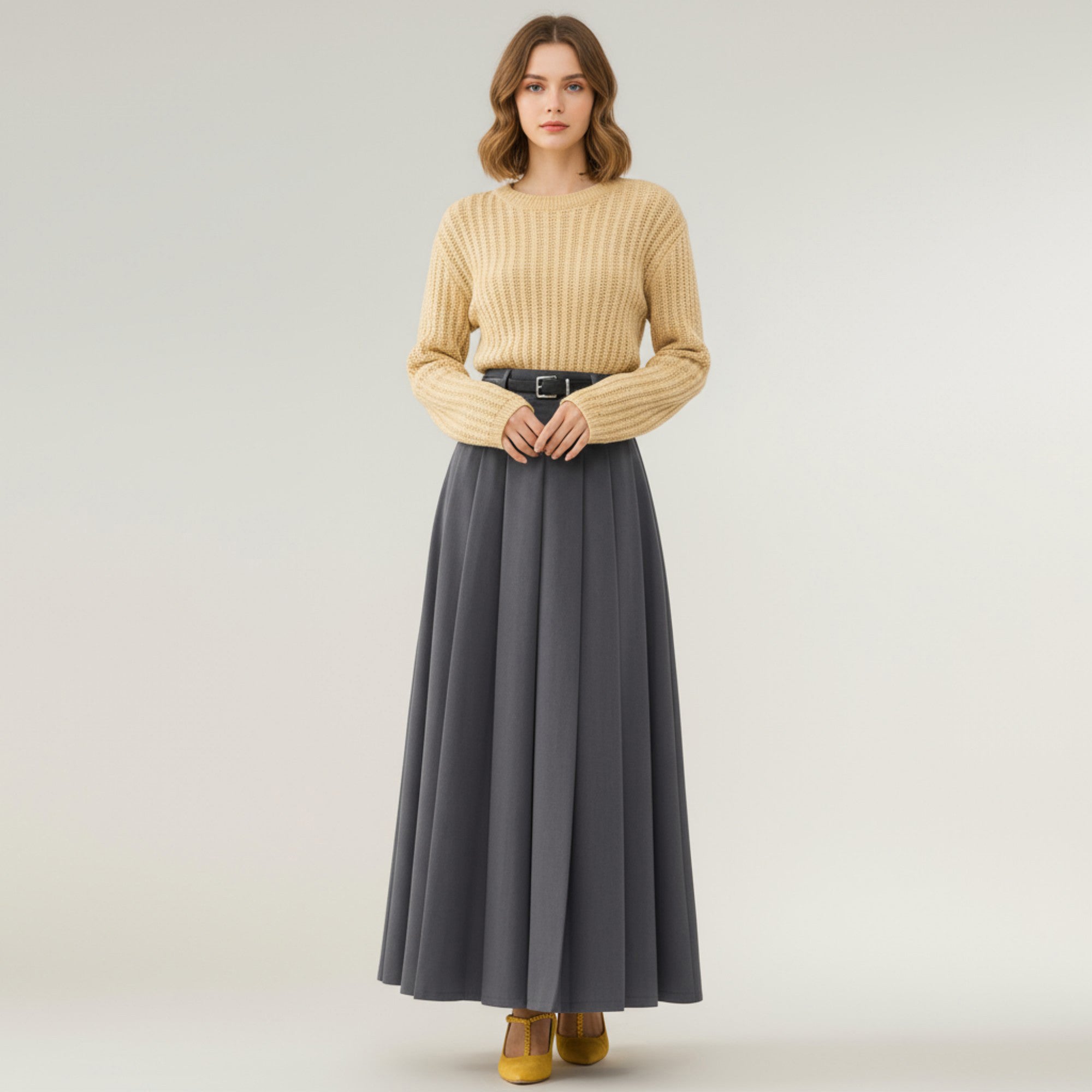 Anna-Kaci Women's High Waist Pleated Maxi Skirt with Structured A-Line Silhouette