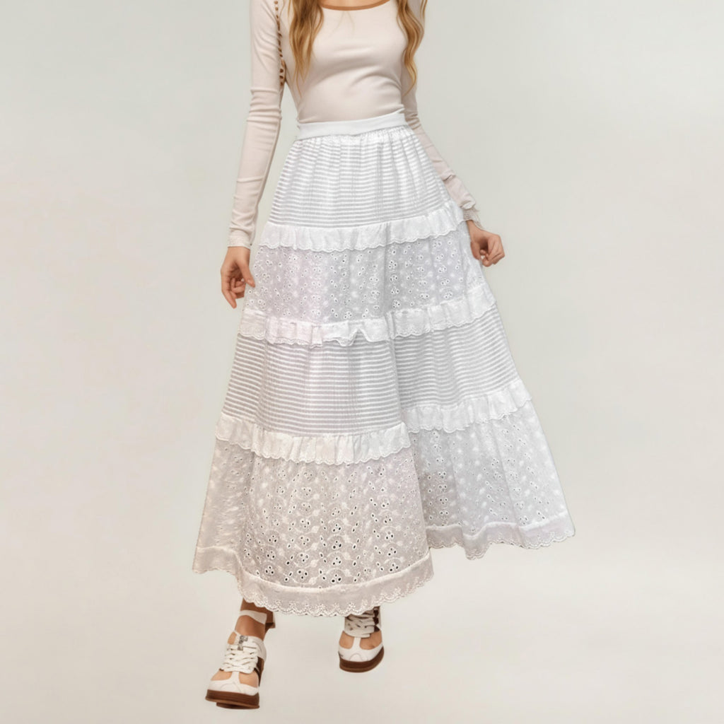 Anna-Kaci Women's Tiered Maxi Skirt with Lace Eyelet Panels and Textured Striped Design