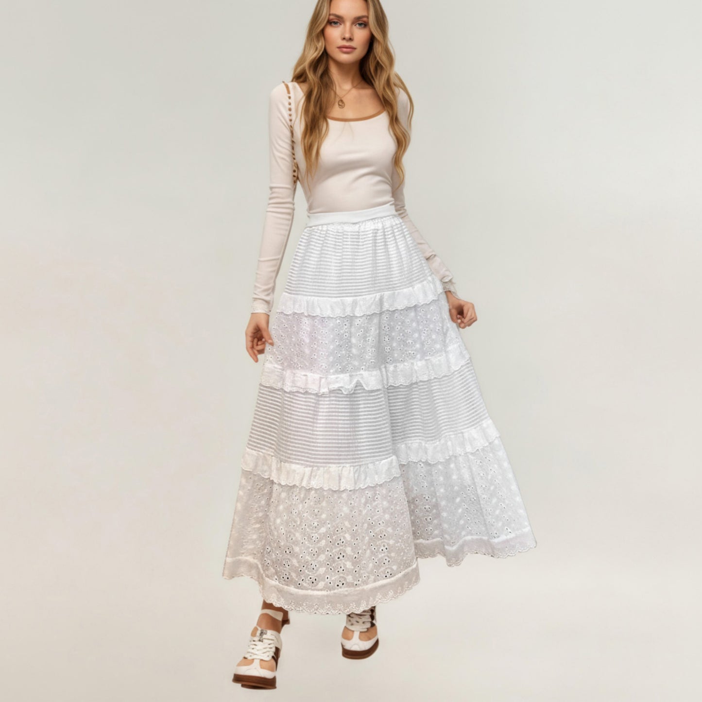 Anna-Kaci Women's Tiered Maxi Skirt with Lace Eyelet Panels and Textured Striped Design