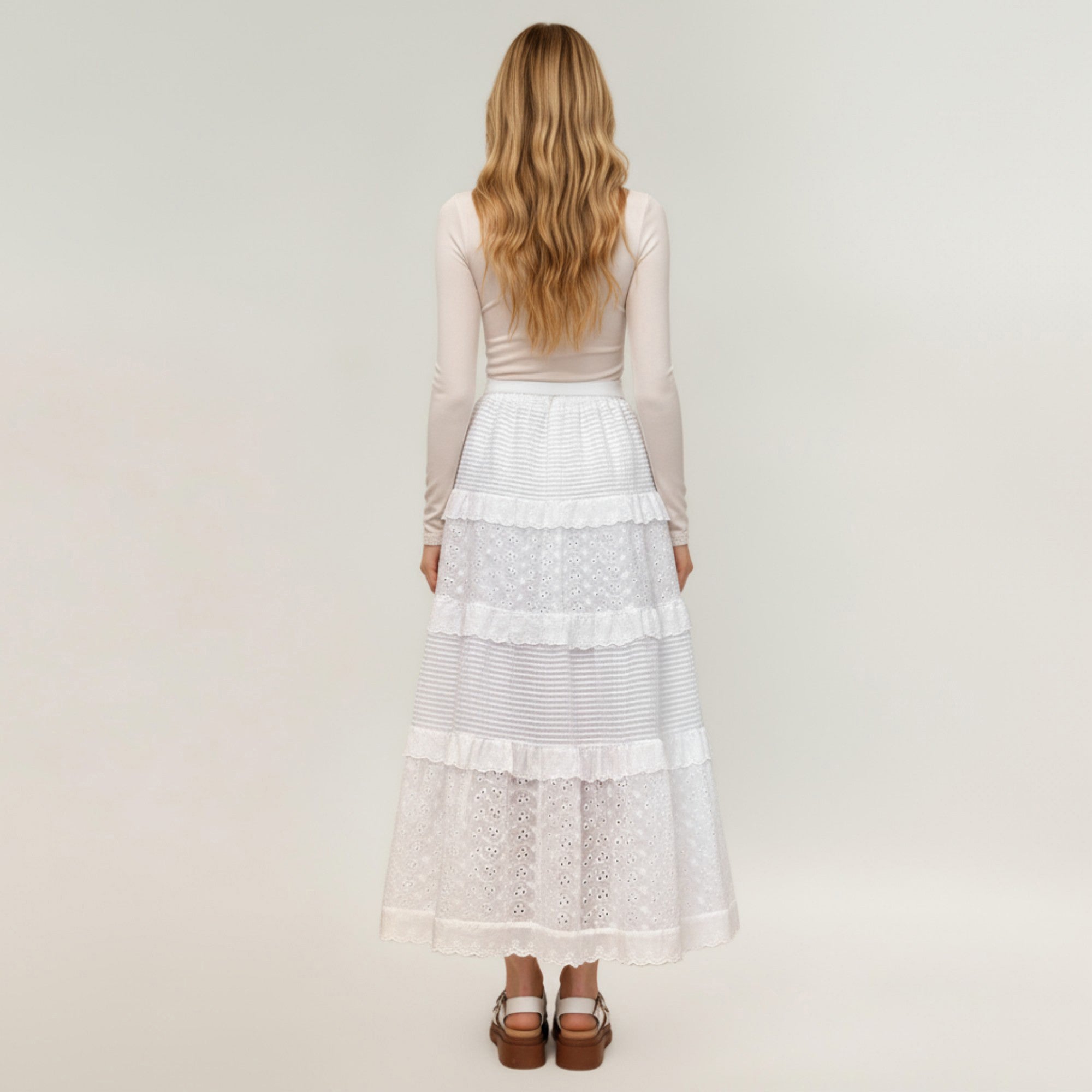 Anna-Kaci Women's Tiered Maxi Skirt with Lace Eyelet Panels and Textured Striped Design