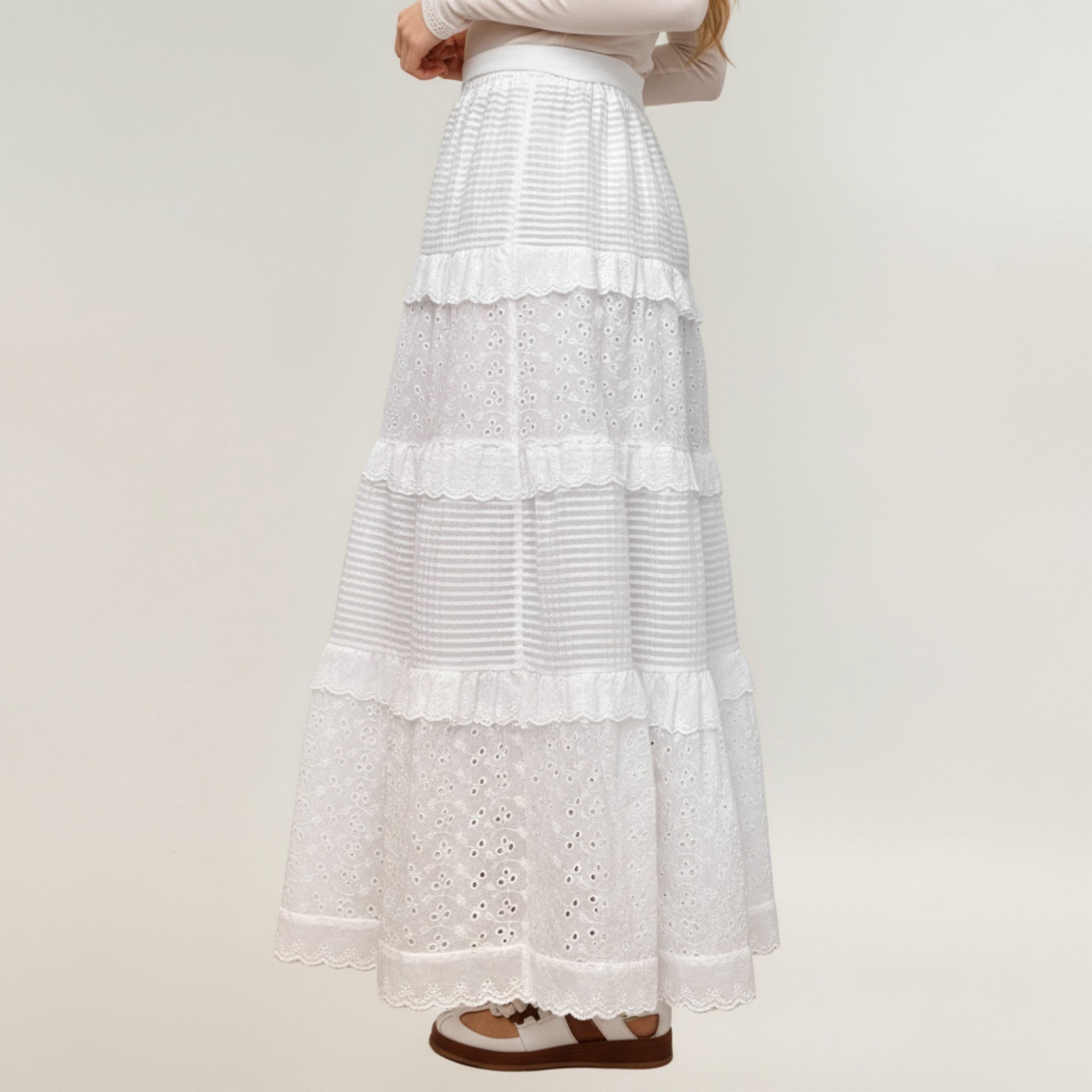 Anna-Kaci Women's Tiered Maxi Skirt with Lace Eyelet Panels and Textured Striped Design