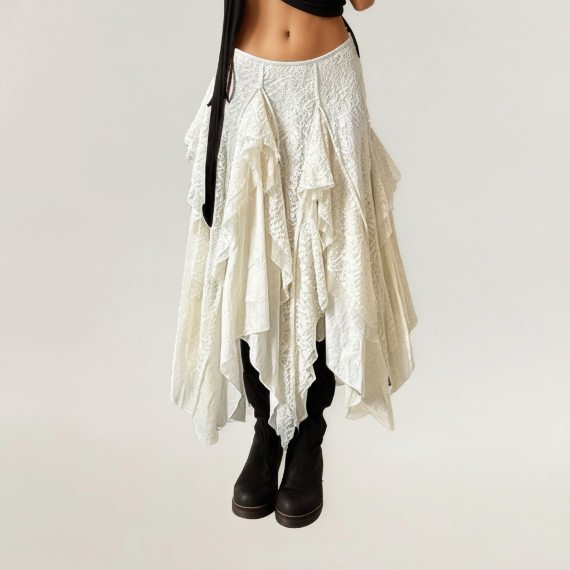 Anna-Kaci Women's Asymmetrical Layered Lace Maxi Skirt with Flowing Ruffle Drapes