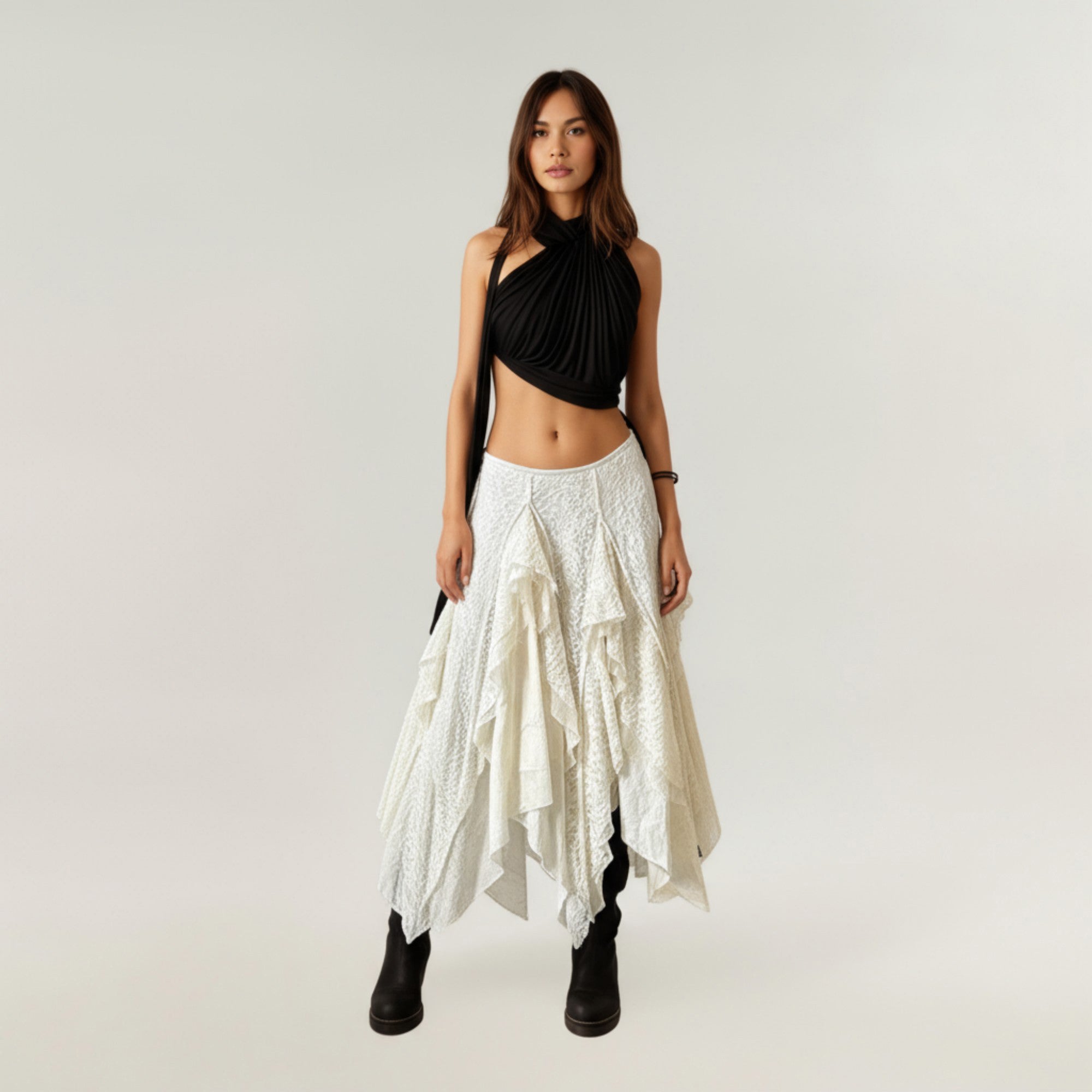 Anna-Kaci Women's Asymmetrical Layered Lace Maxi Skirt with Flowing Ruffle Drapes