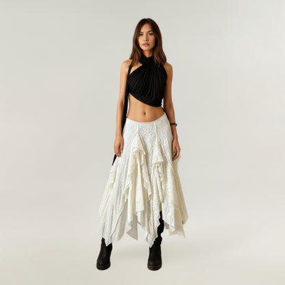 Anna-Kaci Women's Asymmetrical Layered Lace Maxi Skirt with Flowing Ruffle Drapes