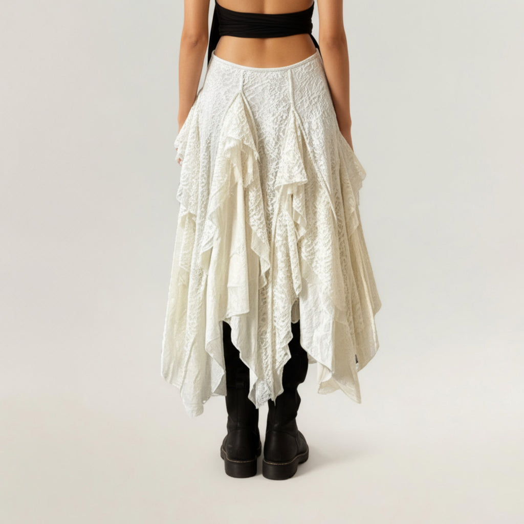 Anna-Kaci Women's Asymmetrical Layered Lace Maxi Skirt with Flowing Ruffle Drapes