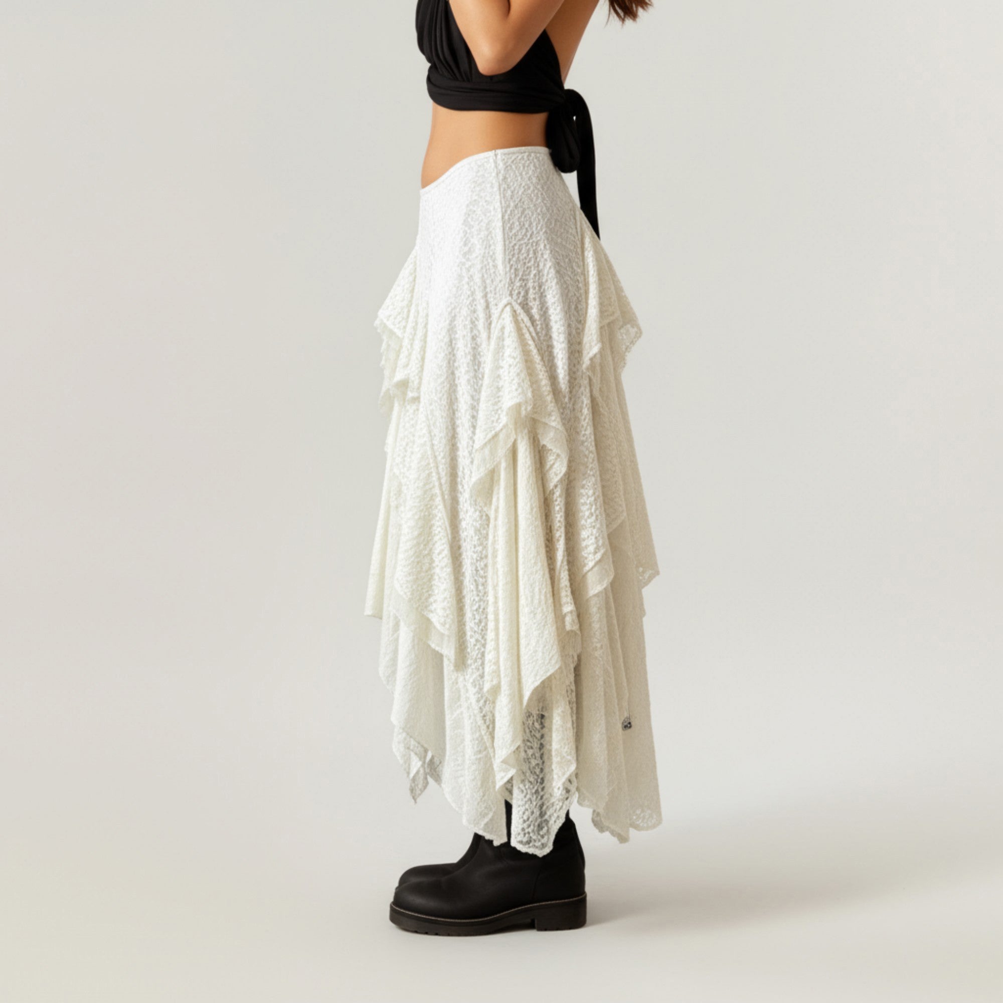 Anna-Kaci Women's Asymmetrical Layered Lace Maxi Skirt with Flowing Ruffle Drapes